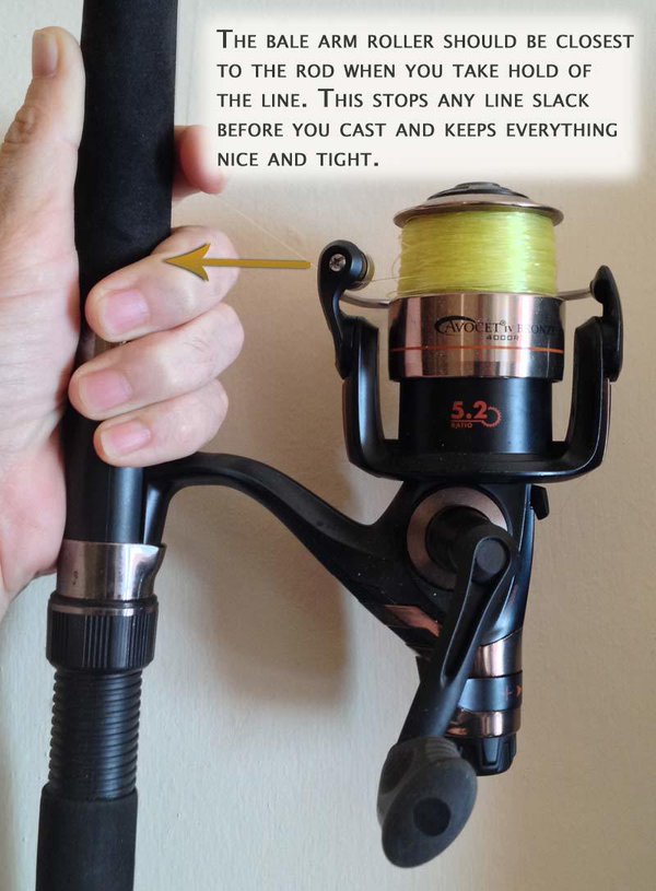 Keep line next to rod before casting.